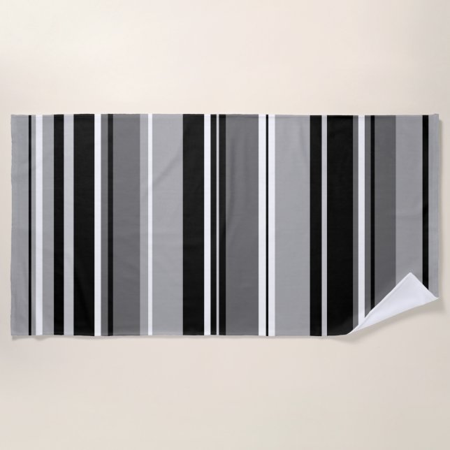 Mixed Striped Pattern Black White Greys Beach Towel (Front)