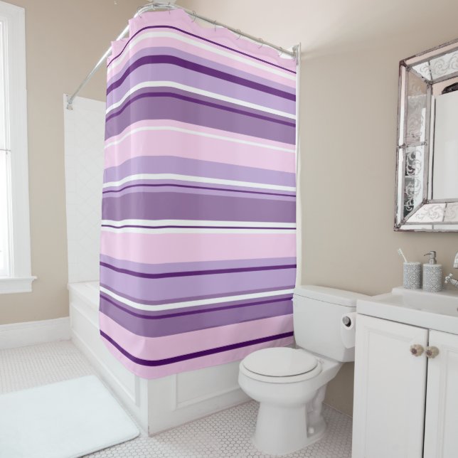 Mixed Striped Pattern Pinks Purples White Shower Curtain (In Situ)