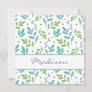 Mixed Teal, Green Watercolor Leaves Pattern   Card