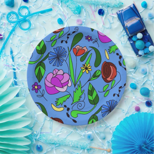 Mixed Vibrant Floral Drawing Paper Plate (Party)