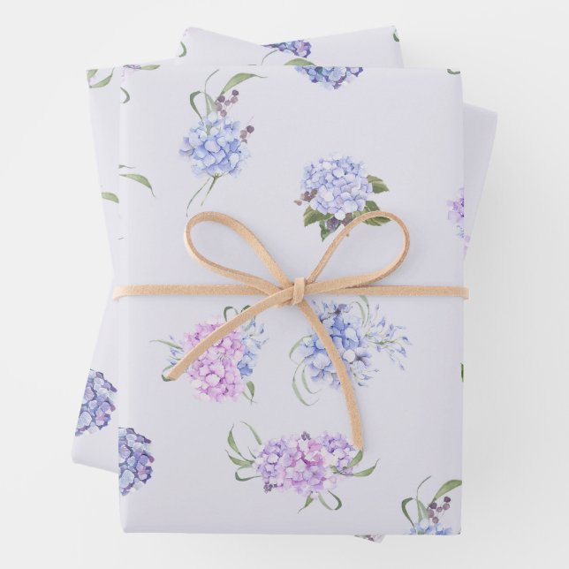 Mixed Watercolor Pink & Purple Hydrangea Flowers  Wrapping Paper Sheet (In situ)