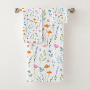 Mixed Watercolor Wildflowers Pattern Bath Towel Set