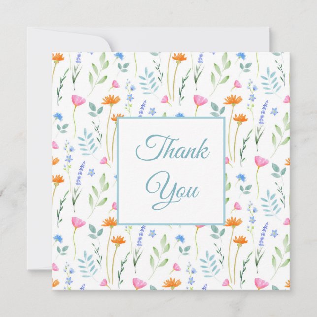 Mixed Watercolor Wildflowers Pattern Thank You Card (Front)