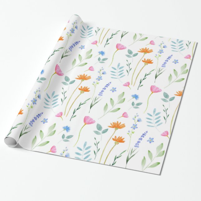 Mixed Watercolor Wildflowers Pattern Wrapping Paper (Unrolled)