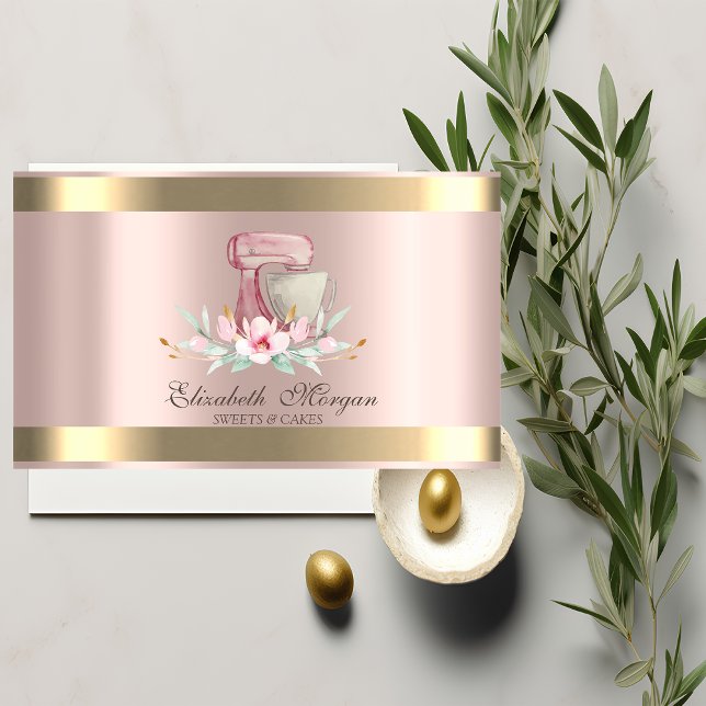 Mixer Flower Gold Stripe Rose Gold Bakery  Business Card (Creator Uploaded)