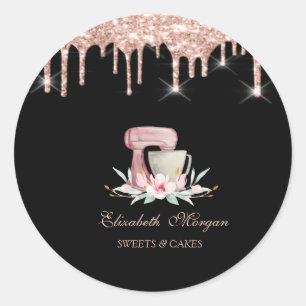 Mixer Flowers Rose Gold Drips Bakery Black Classic Round Sticker