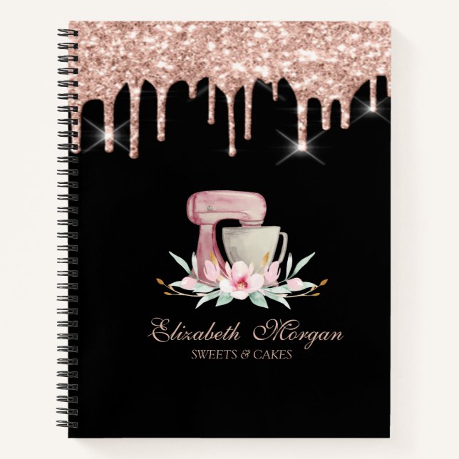 Mixer Flowers Rose Gold Drips Bakery Black  Notebook (Front)