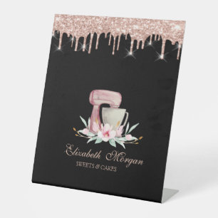 Mixer Flowers Rose Gold Drips Bakery Black Pedestal Sign