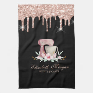 Mixer Flowers Rose Gold Drips Bakery Black Tea Towel