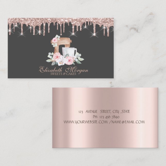 Mixer Flowers Rose Gold Drips Bakery   Business Ca Business Card (Front/Back)
