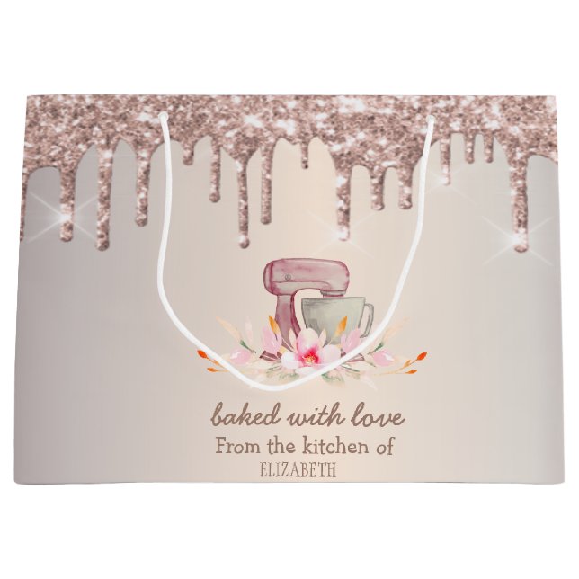 Mixer Flowers Rose Gold Glitter Drips Bakery Large Gift Bag (Front)