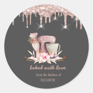 Mixer,Piping bag Flowers Rose Gold Drips Bakery  Classic Round Sticker