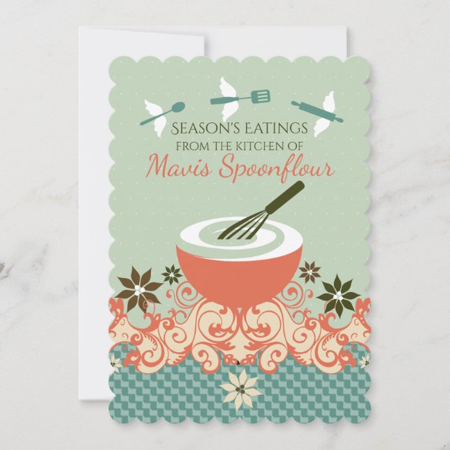 Mixing bowl whisk flying utensils Christmas card (Front)