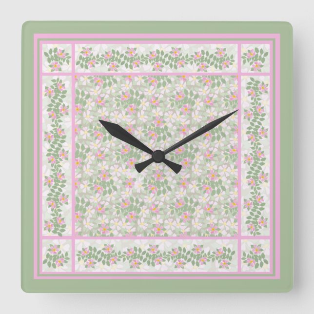 Mix'n'Match Pink Dogrose Patterns Wall Clock (Front)