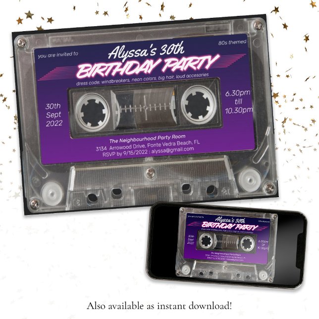 Mixtape Cassette Retro 80s Neon Purple Party Invitation (Mixtape Cassette Retro 80s Neon Purple Party Invitation)