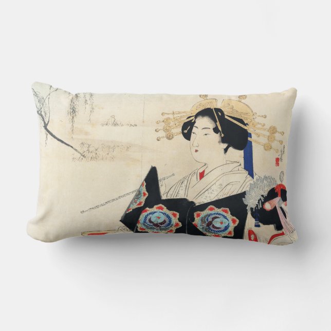 Mizuno Toshikata Courtesan and Maid oriental art Lumbar Cushion (Front)