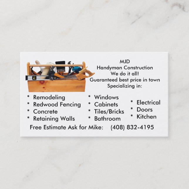 MJD Handy Man Business Card (Front)