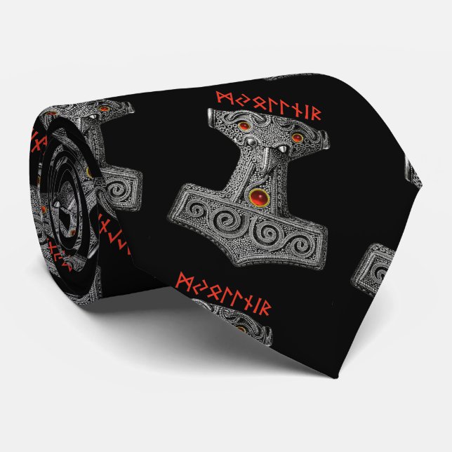 MJOLNIR Hammer of Thor Pattern,Viking Mythology Tie (Rolled)