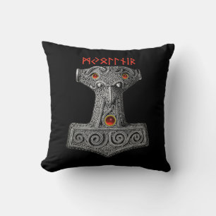 MJOLNIR Hammer of Thor, Viking Mythology Black Cushion