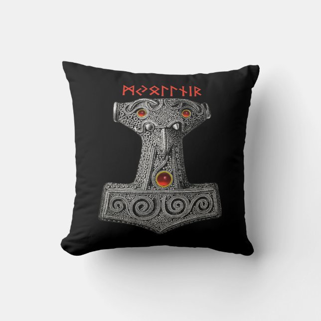 MJOLNIR Hammer of Thor, Viking Mythology Black Cushion (Front)