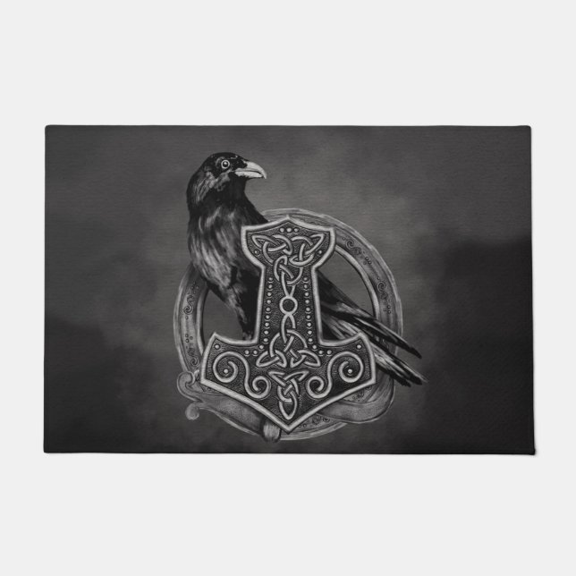 Mjolnir - The hammer of Thor and raven Doormat (Front)