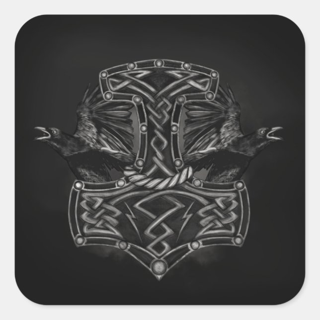 Mjolnir - The hammer of Thor and Ravens Square Sticker (Front)