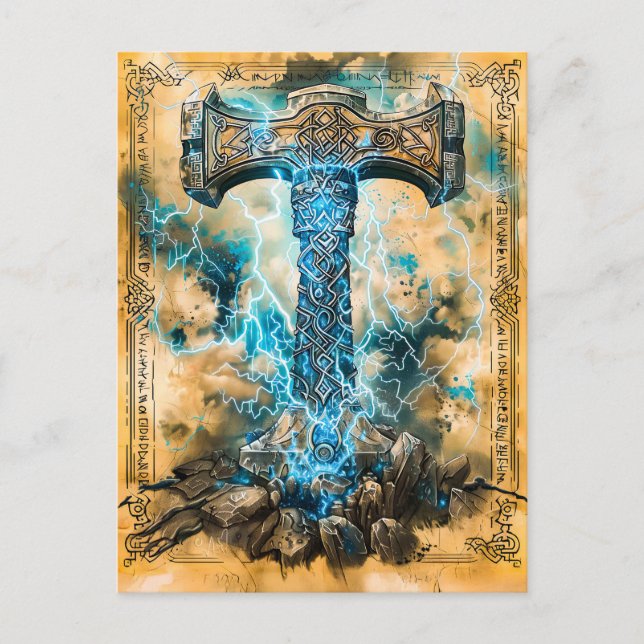 Mjölnir Thors Hammer with Lightning Holiday Postcard (Front)
