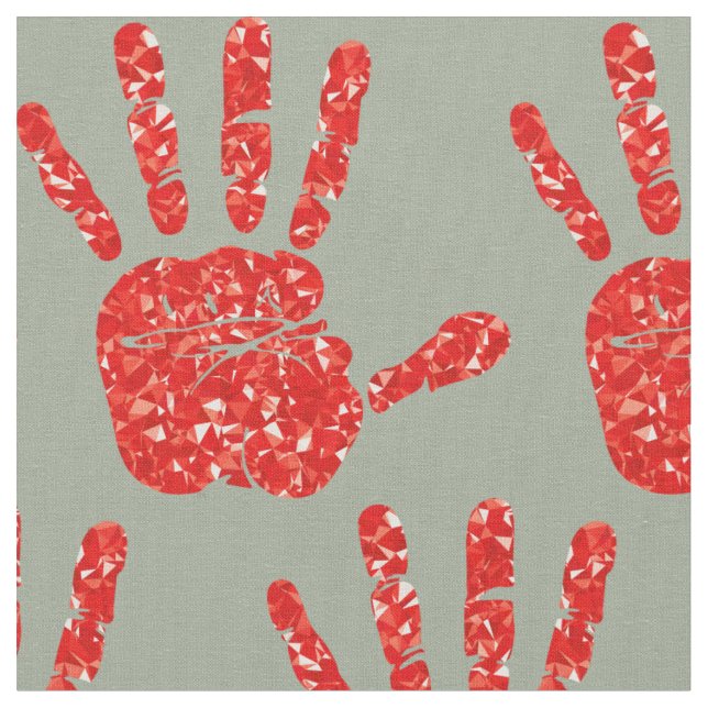 MMIW Red Hand Jewelled Pattern Grey Green Fabric (Close Up)