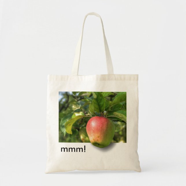 mmm! | Apple Hanging Off Tree | Customisable Text Tote Bag (Front)
