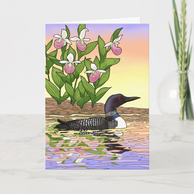 MN State Bird Flower Loon Lady Slipper Card (Front)