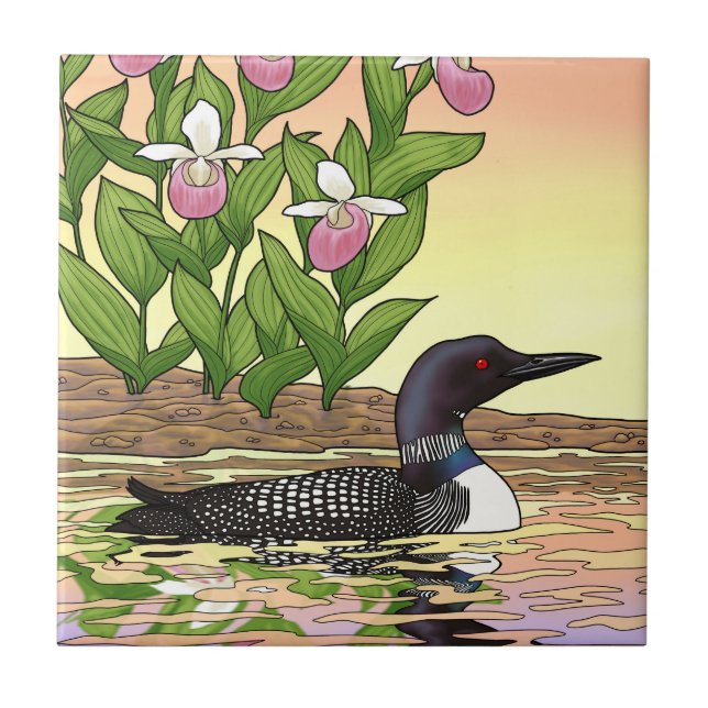 MN State Bird Flower Loon Lady Slipper Ceramic Tile (Front)