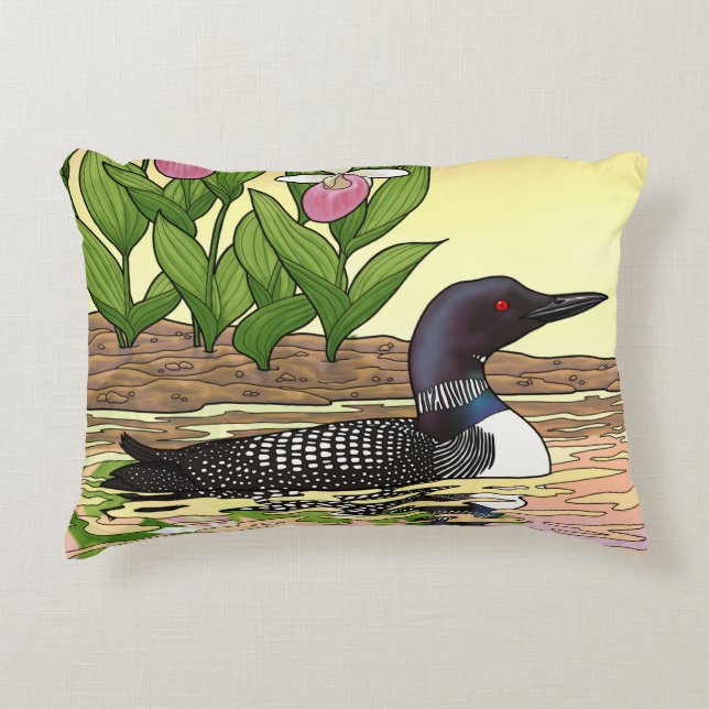 MN State Bird Flower Loon Lady Slipper Decorative Cushion (Front)