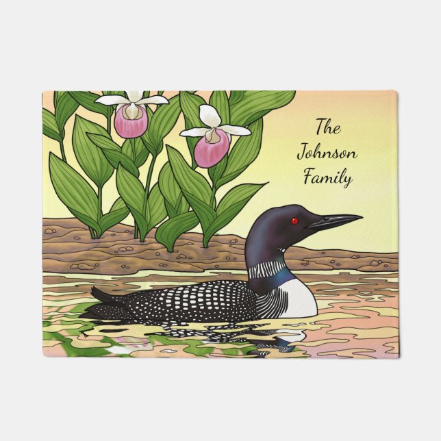 MN State Bird Flower Loon Lady Slipper Doormat (Front)