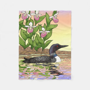 MN State Bird Flower Loon Lady Slipper Fleece Blanket