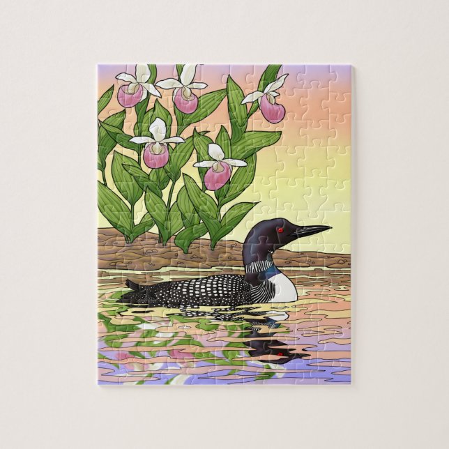 MN State Bird Flower Loon Lady Slipper Jigsaw Puzzle (Vertical)