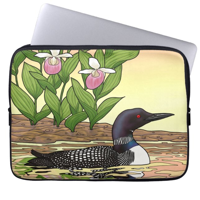 MN State Bird Flower Loon Lady Slipper Laptop Sleeve (Front)