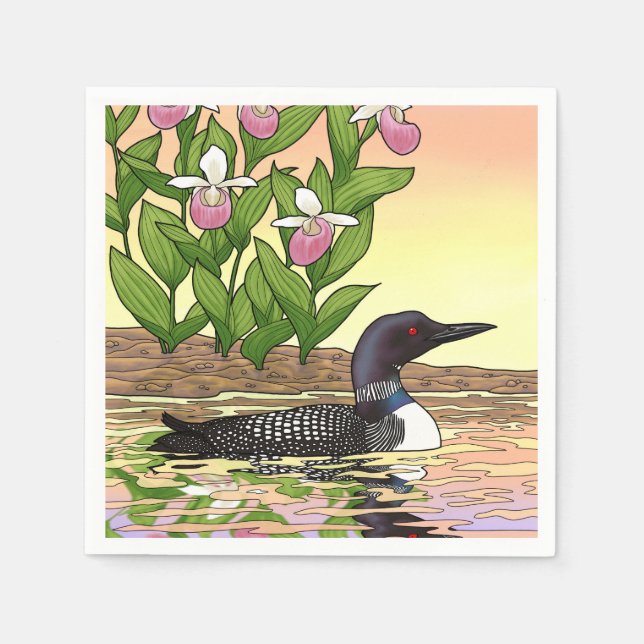 MN State Bird Flower Loon Lady Slipper Napkin (Front)