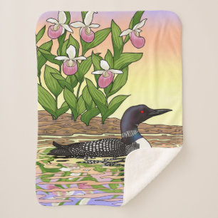 MN State Bird Flower Loon Lady Slipper Sherpa Blanket