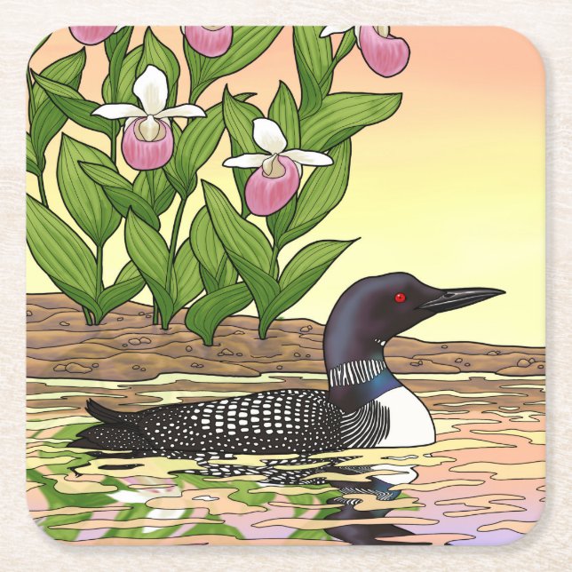 MN State Bird Flower Loon Lady Slipper Square Paper Coaster (Front)
