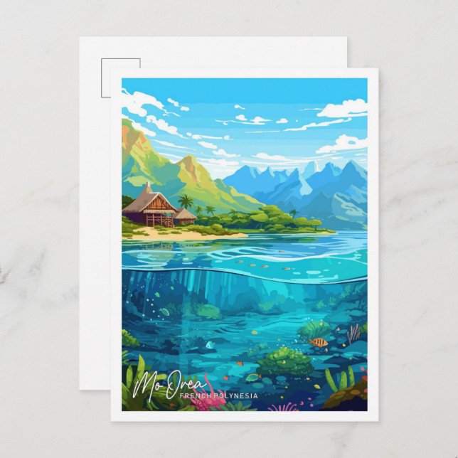 Mo Orea French Polynesia Travel illustration Postcard (Front/Back)