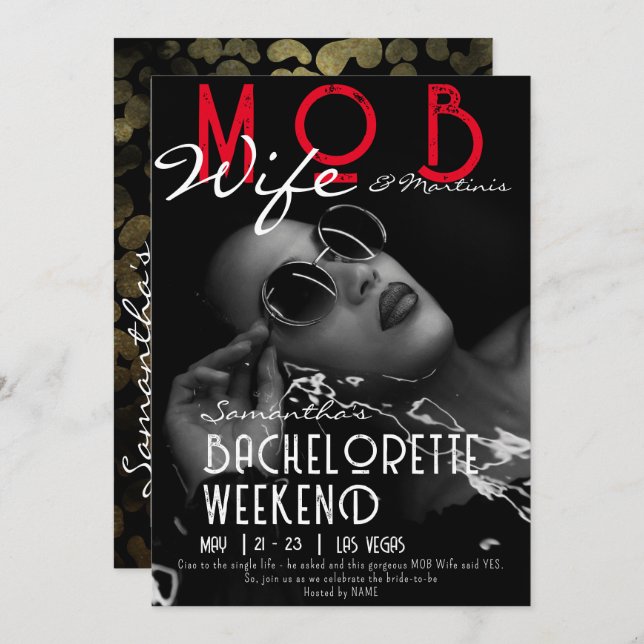 Mob Wife & Martinis Black Bach Bachelorette Party Invitation (Front/Back)