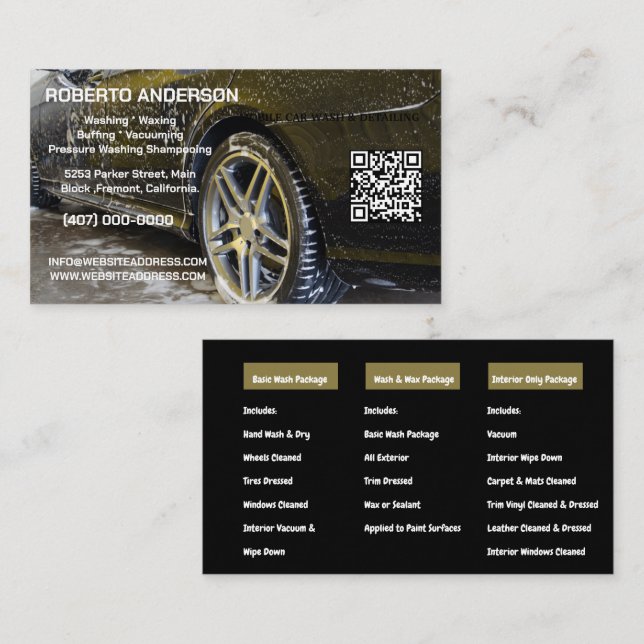 Mobile Auto Detailing Car Wash QR  Business Card (Front/Back)