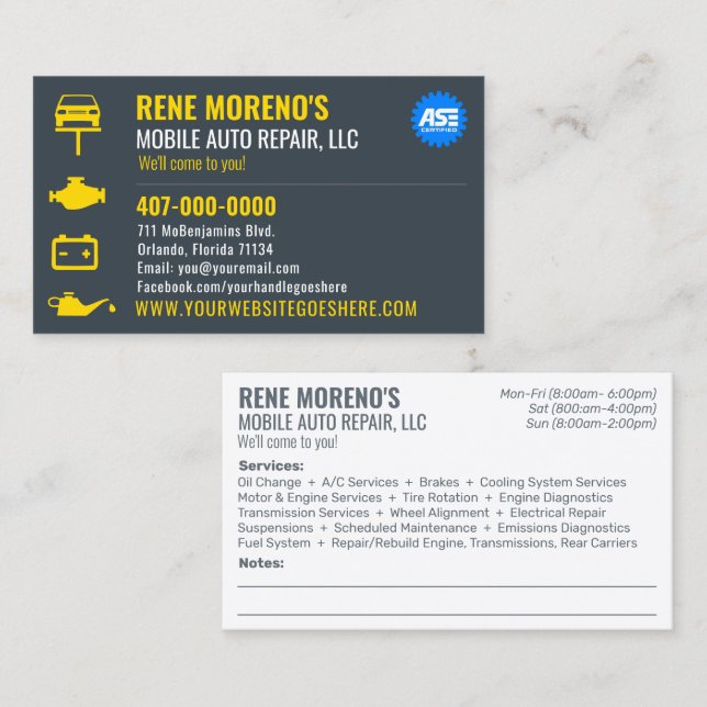 Mobile Automobile Car Repair Mechanic 2 Sided Busi Business Card (Front/Back)