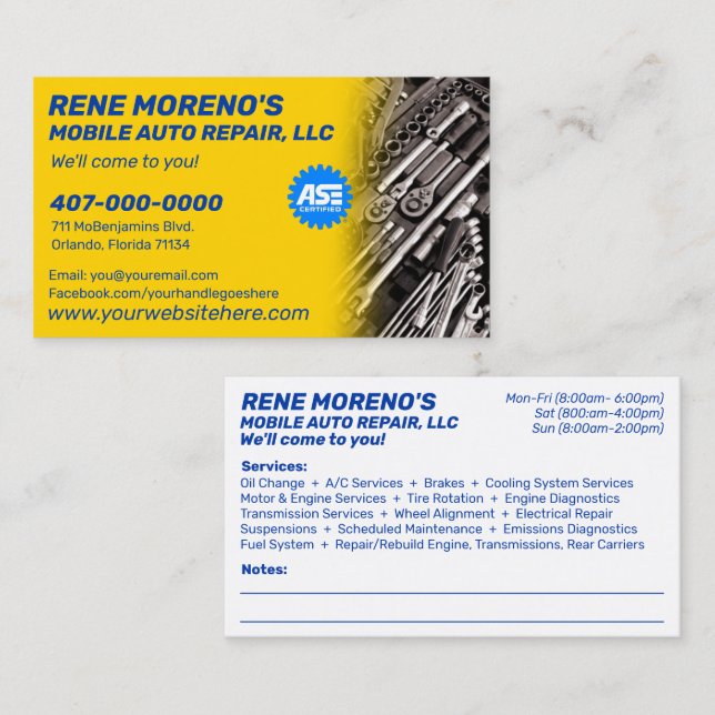 Mobile Automobile Car Repair Mechanic 2 Sided Busi Business Card (Front/Back)