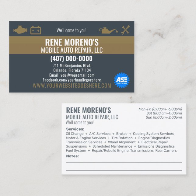 Mobile Automobile Car Repair Mechanic 2 Sided Busi Business Card (Front/Back)