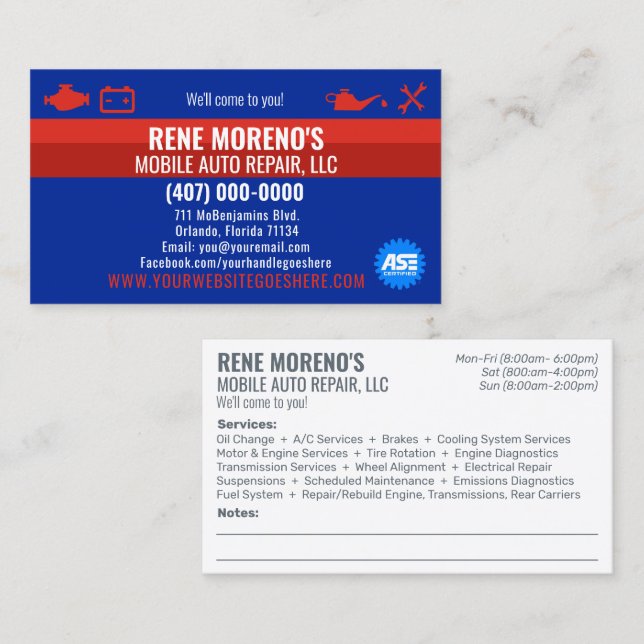 Mobile Automobile Car Repair Mechanic 2 Sided Busi Business Card (Front/Back)