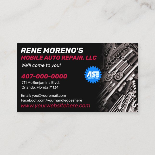 Mobile Automobile Car Repair Mechanic 2 Sided Business Card (Front)