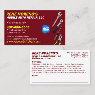 Mobile Automobile Car Repair Mechanic 2 Sided Business Card