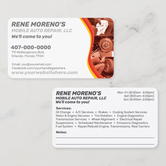 Mobile Automobile Car Repair Mechanic 2 Sided Business Card (Front/Back)