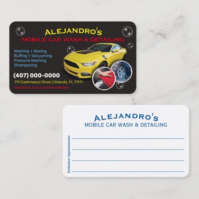 Mobile Car Wash & Detailing - Pressure Washing Tem Business Card (Front/Back)